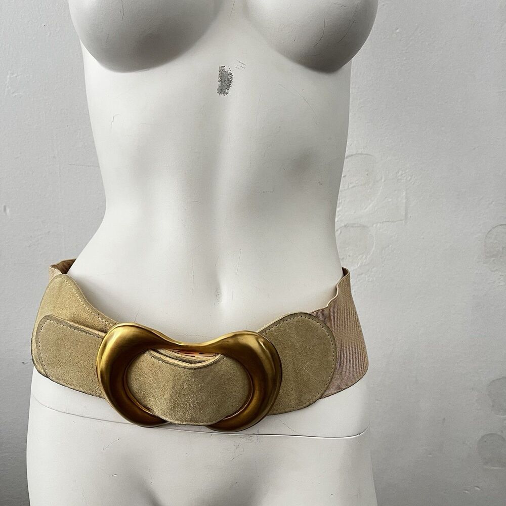 Vintage 70s Wide Suede Elastic Waist Belt Statement Gold Buckle Party Event Gala